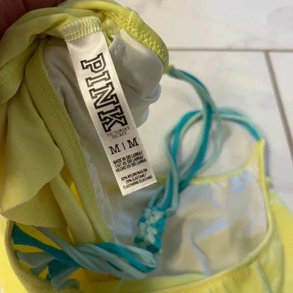 PINK Victoria's Secret Stretch Halter Ruffle Bikini Top Swimsuit Yellow Medium - Picture 6 of 7